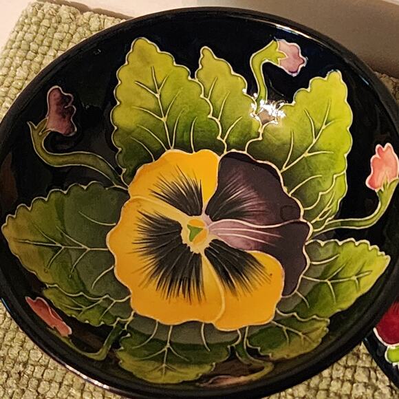 J. McCall Blue Sky 2004 Pansy Floral Covered Dish Footed Bowl 5x4 Handpainted - Picture 7 of 15